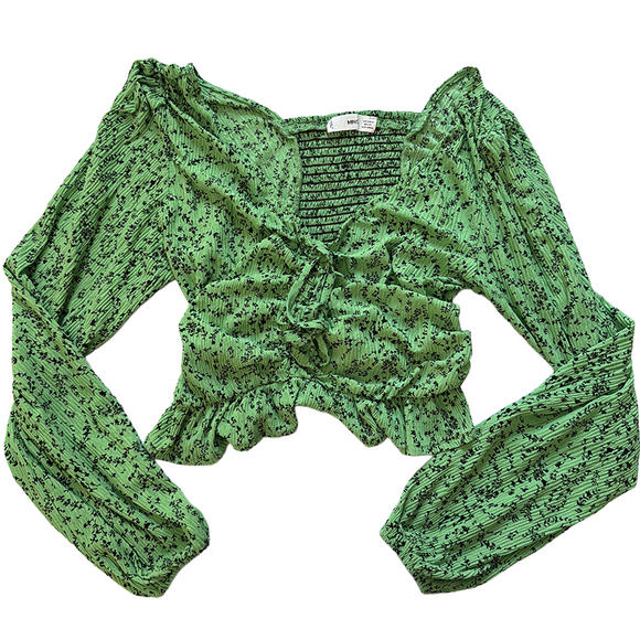 MNG by Mango Green Ditsy Floral print v-neck Balloon long Sleeve crop top - Picture 3 of 7